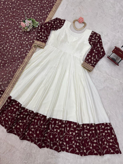 "Elegant Chinon Silk Top with Faux Georgette Dupatta – Thread & Sequin Work with Lace Border"