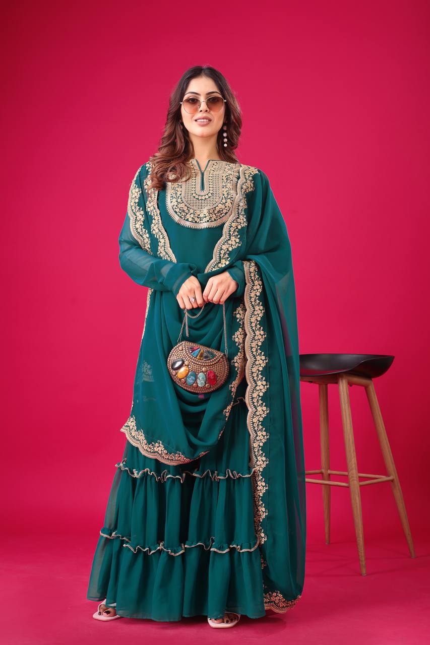 "Elegant Blooming Faux Georgette Set with Heavy Embroidery & Sequence Work"