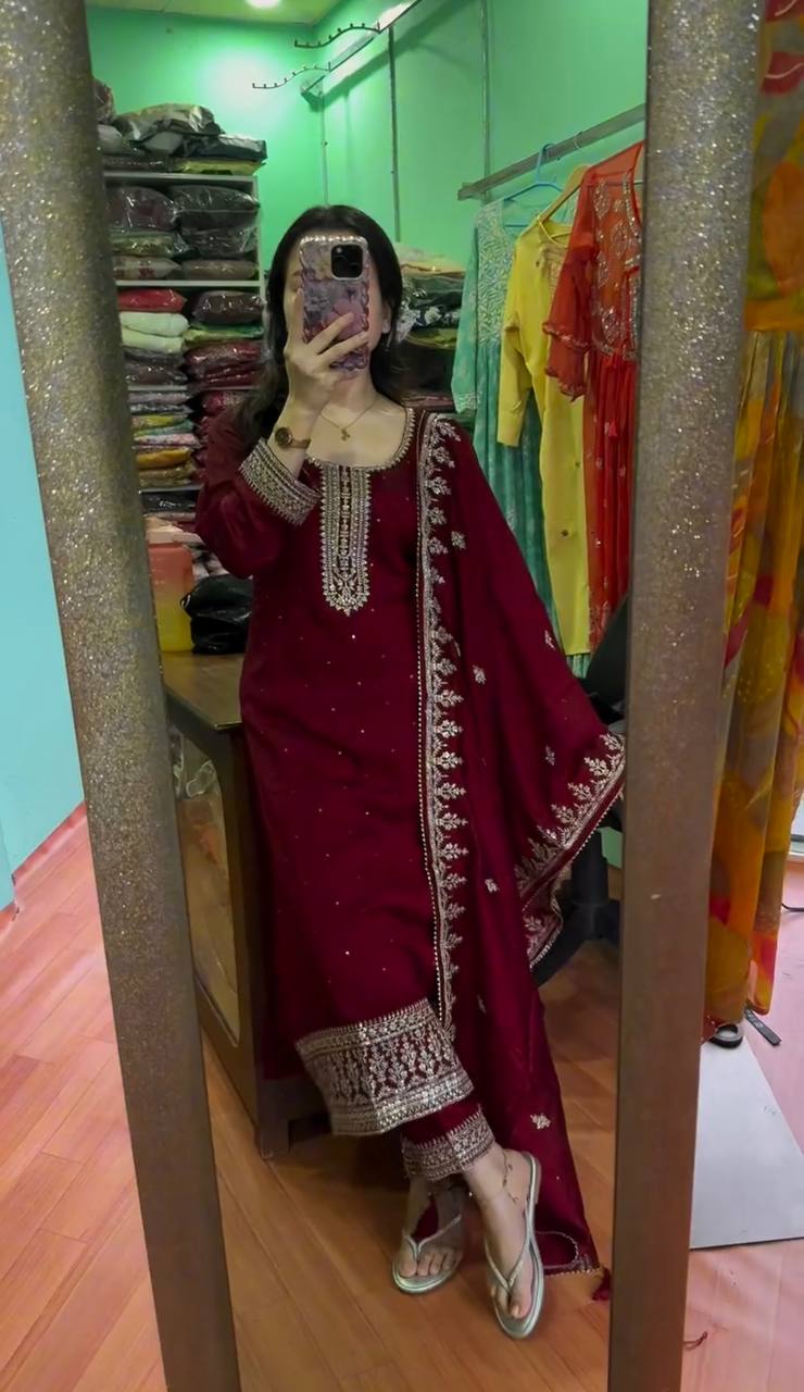 "Chinnon Silk Embroidered Top, Pant, and Dupatta Set with Heavy Sequence Work"