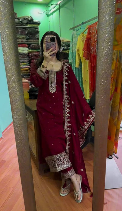 "Chinnon Silk Embroidered Top, Pant, and Dupatta Set with Heavy Sequence Work"