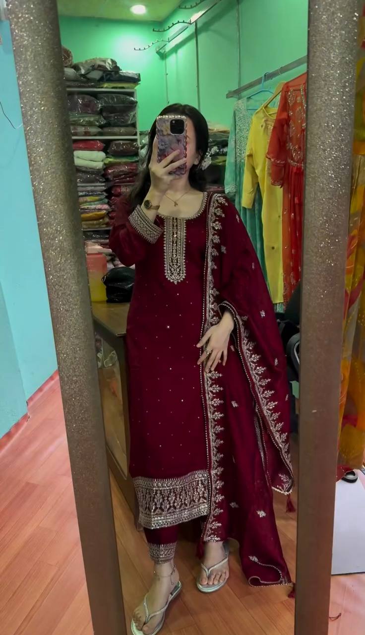 "Chinnon Silk Embroidered Top, Pant, and Dupatta Set with Heavy Sequence Work"