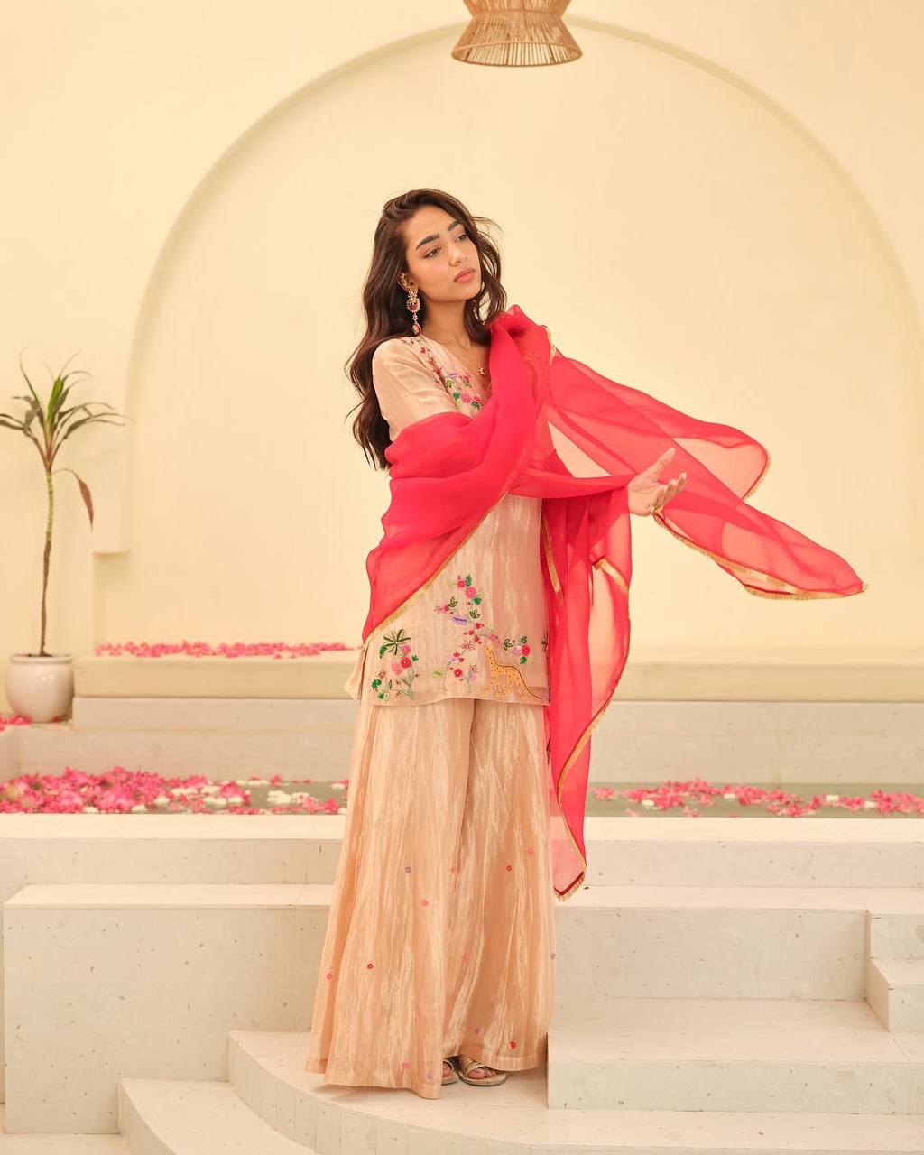 "Elegant Fendi Embroidered Set with Georgette Dupatta and Circular Plazo"