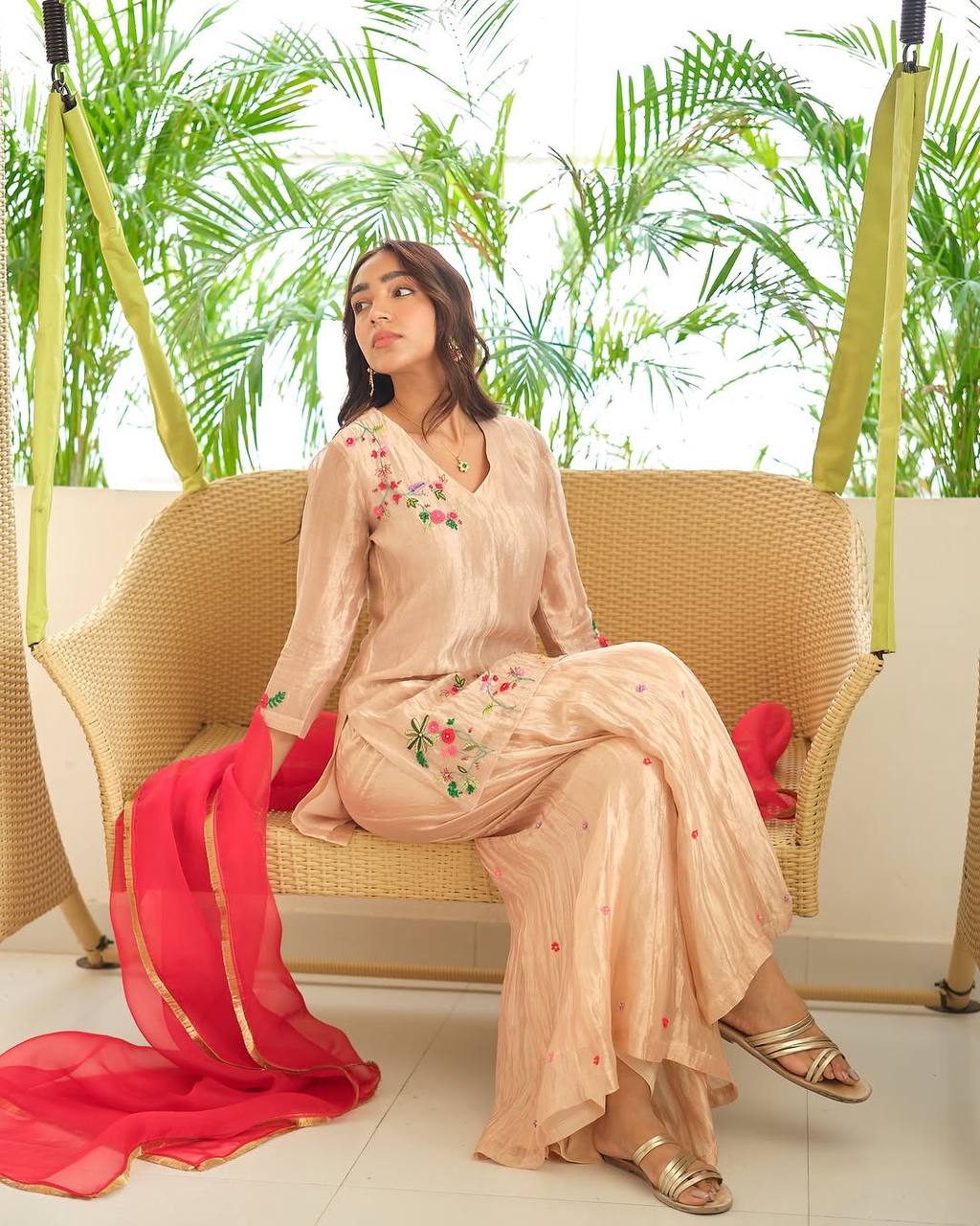 "Elegant Fendi Embroidered Set with Georgette Dupatta and Circular Plazo"