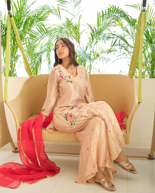 "Elegant Fendi Embroidered Set with Georgette Dupatta and Circular Plazo"