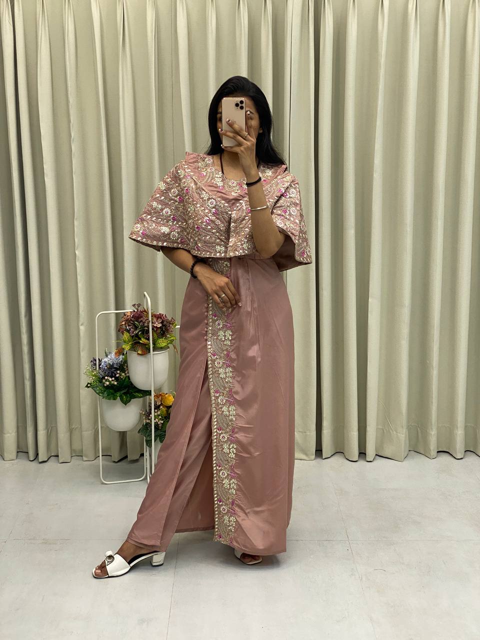 "Elegant Crepe Silk Fancy Top & Pant Set with Cording Sequence Embroidery and Foil Paper Work"