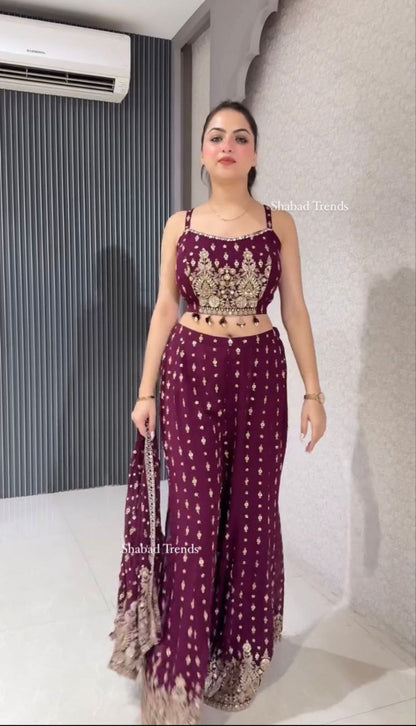 "Elegant Georgette Palazzo Set with Embroidery Sequence Work and Fancy Koti"