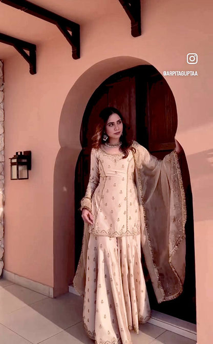 Elegant Pure Cinon Silk Top, Sarara & Dupatta Set with Embroidery Work