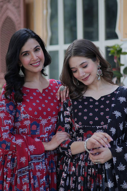 "Pure Cotton Ethnic Wear Set with Fancy Round Neck, Adjustable Waist & Matching Dupatta"