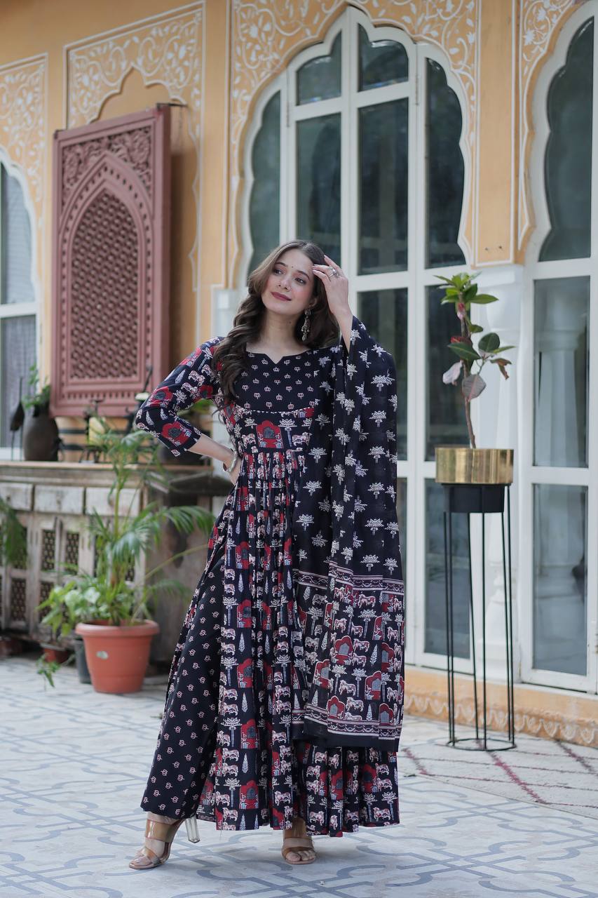 "Pure Cotton Ethnic Wear Set with Fancy Round Neck, Adjustable Waist & Matching Dupatta"