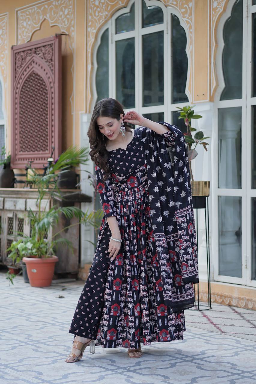 "Pure Cotton Ethnic Wear Set with Fancy Round Neck, Adjustable Waist & Matching Dupatta"