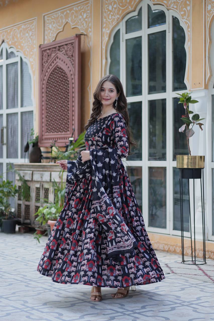 "Pure Cotton Ethnic Wear Set with Fancy Round Neck, Adjustable Waist & Matching Dupatta"
