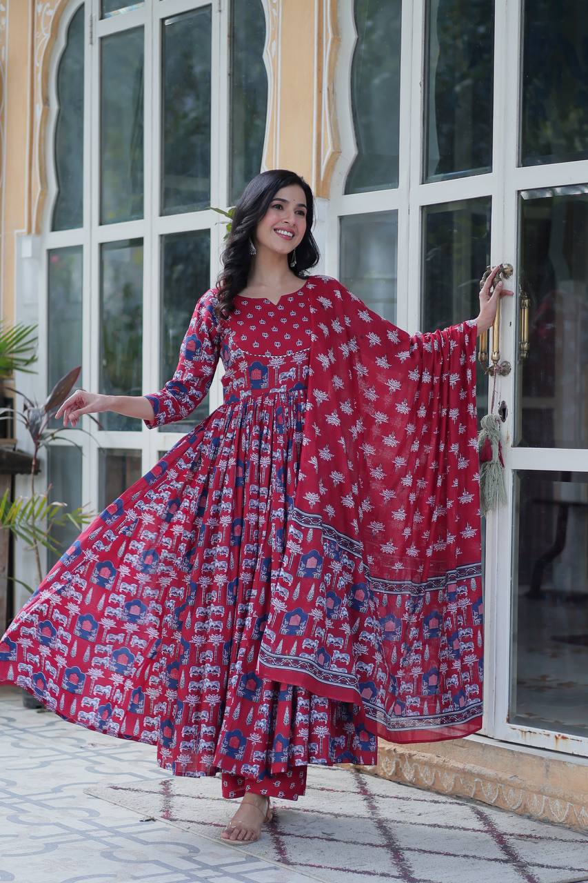 "Pure Cotton Ethnic Wear Set with Fancy Round Neck, Adjustable Waist & Matching Dupatta"