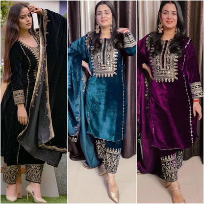Luxurious Embroidered Viscose Velvet Set with Sequins and Lace Border