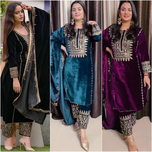 Luxurious Embroidered Viscose Velvet Set with Sequins and Lace Border