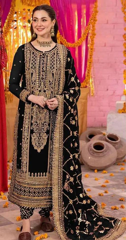 "Elegant Faux Georgette Embroidered Set with Sequence Work – Top, Pant & Dupatta"