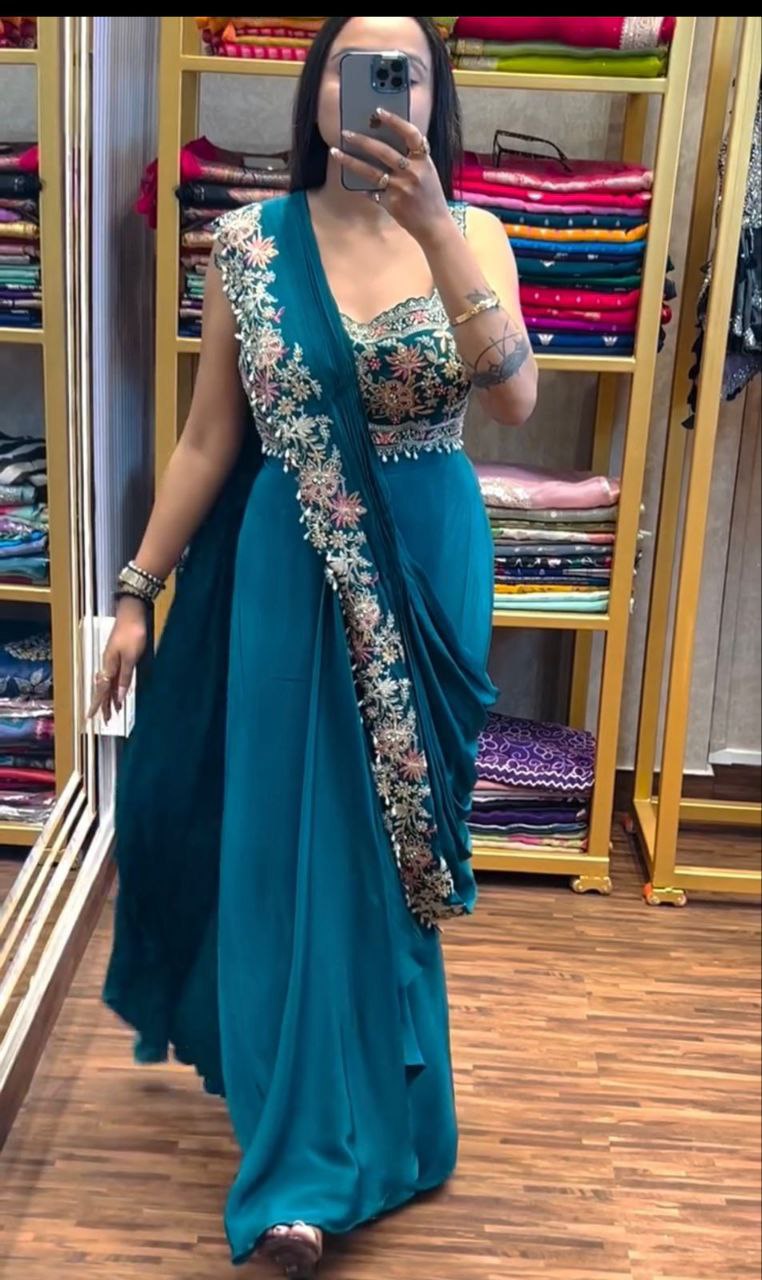 "Elegant Embroidered Chinon Saree with Banglori Jacket & Blouse"