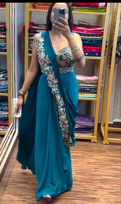 "Elegant Embroidered Chinon Saree with Banglori Jacket & Blouse"