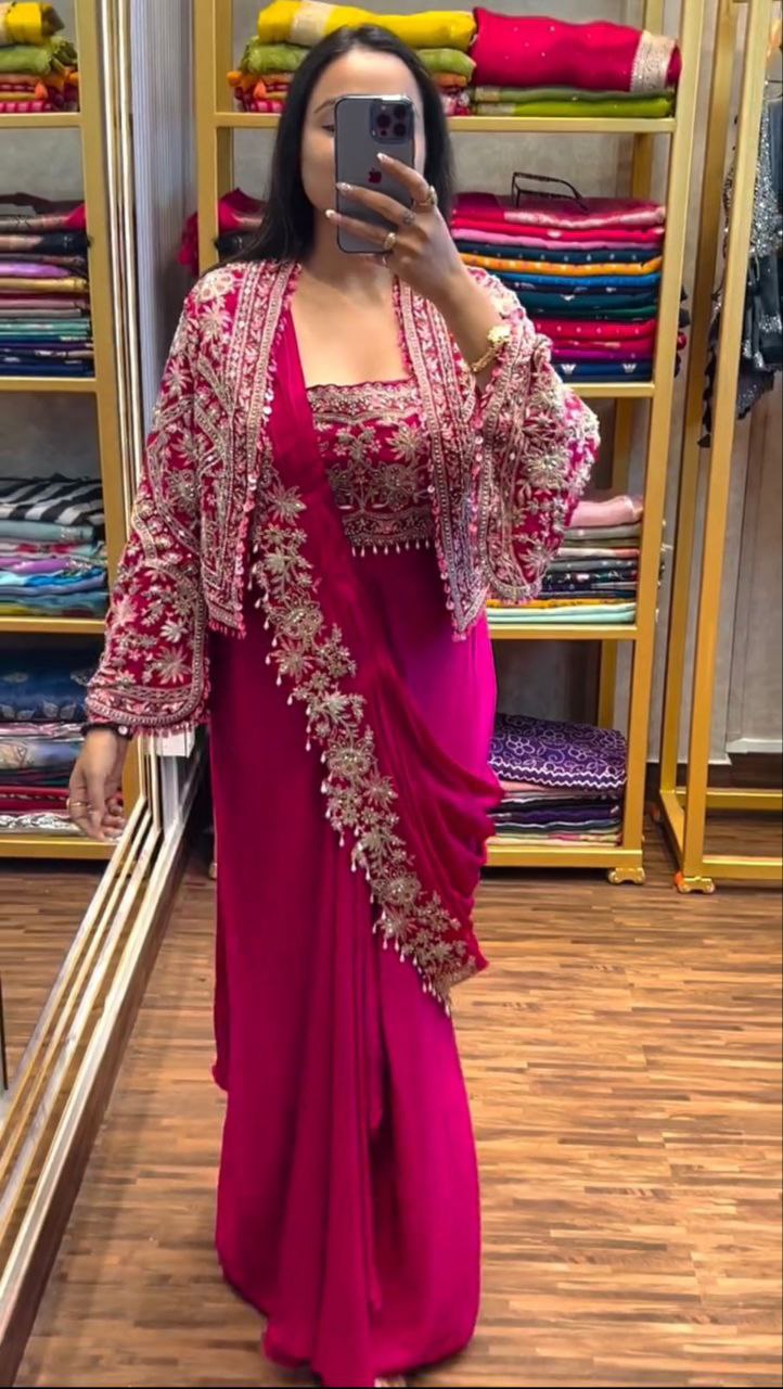 "Elegant Embroidered Chinon Saree with Banglori Jacket & Blouse"