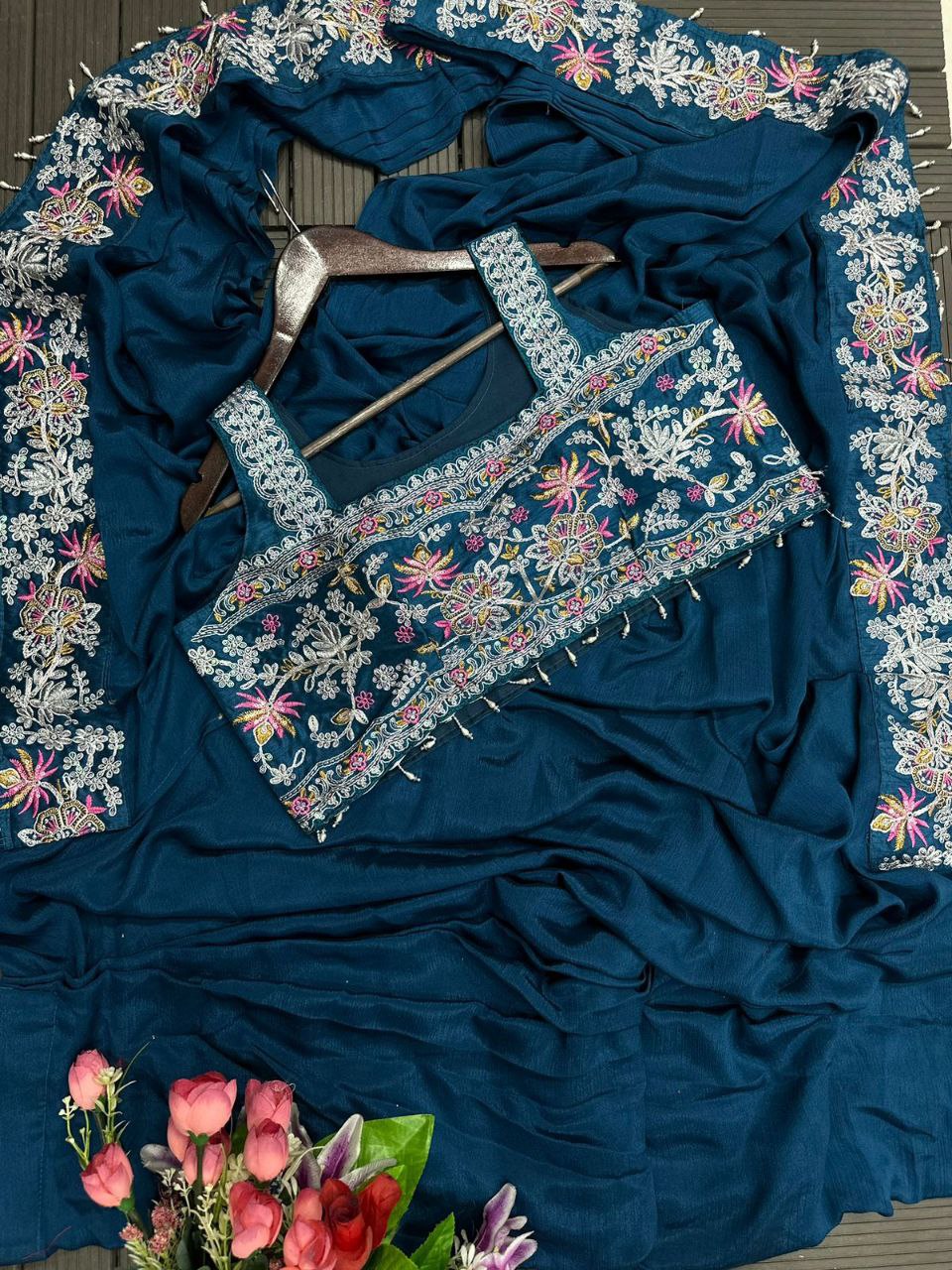 "Elegant Embroidered Chinon Saree with Banglori Jacket & Blouse"