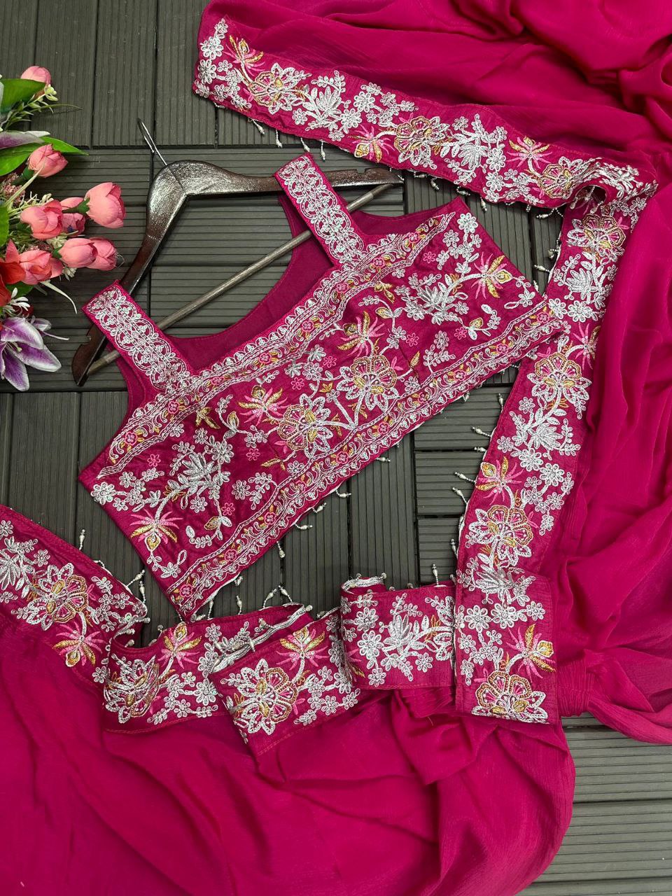"Elegant Embroidered Chinon Saree with Banglori Jacket & Blouse"