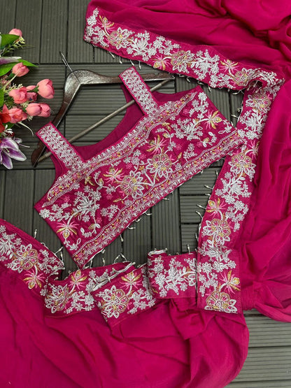 "Elegant Embroidered Chinon Saree with Banglori Jacket & Blouse"