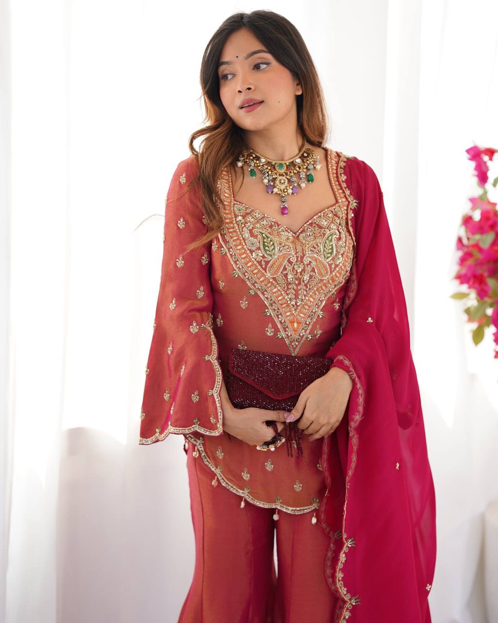 Heavy shimmer Silk designer kurta palazzo set