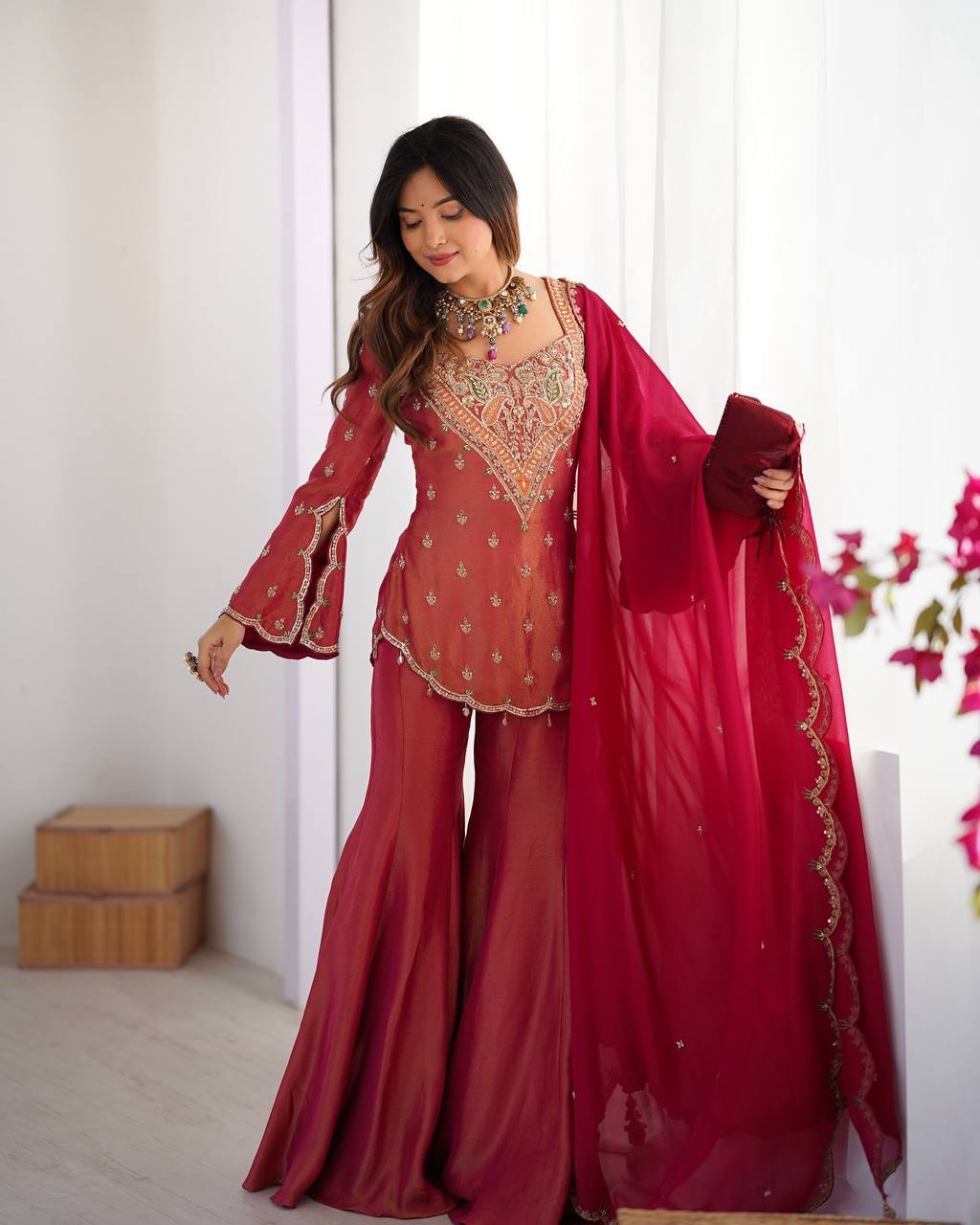Heavy shimmer Silk designer kurta palazzo set