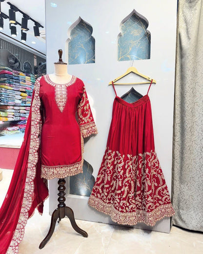 "Elegant Chinon Silk Sequenced Top with Faux Georgette Plazo and Lace Dupatta"