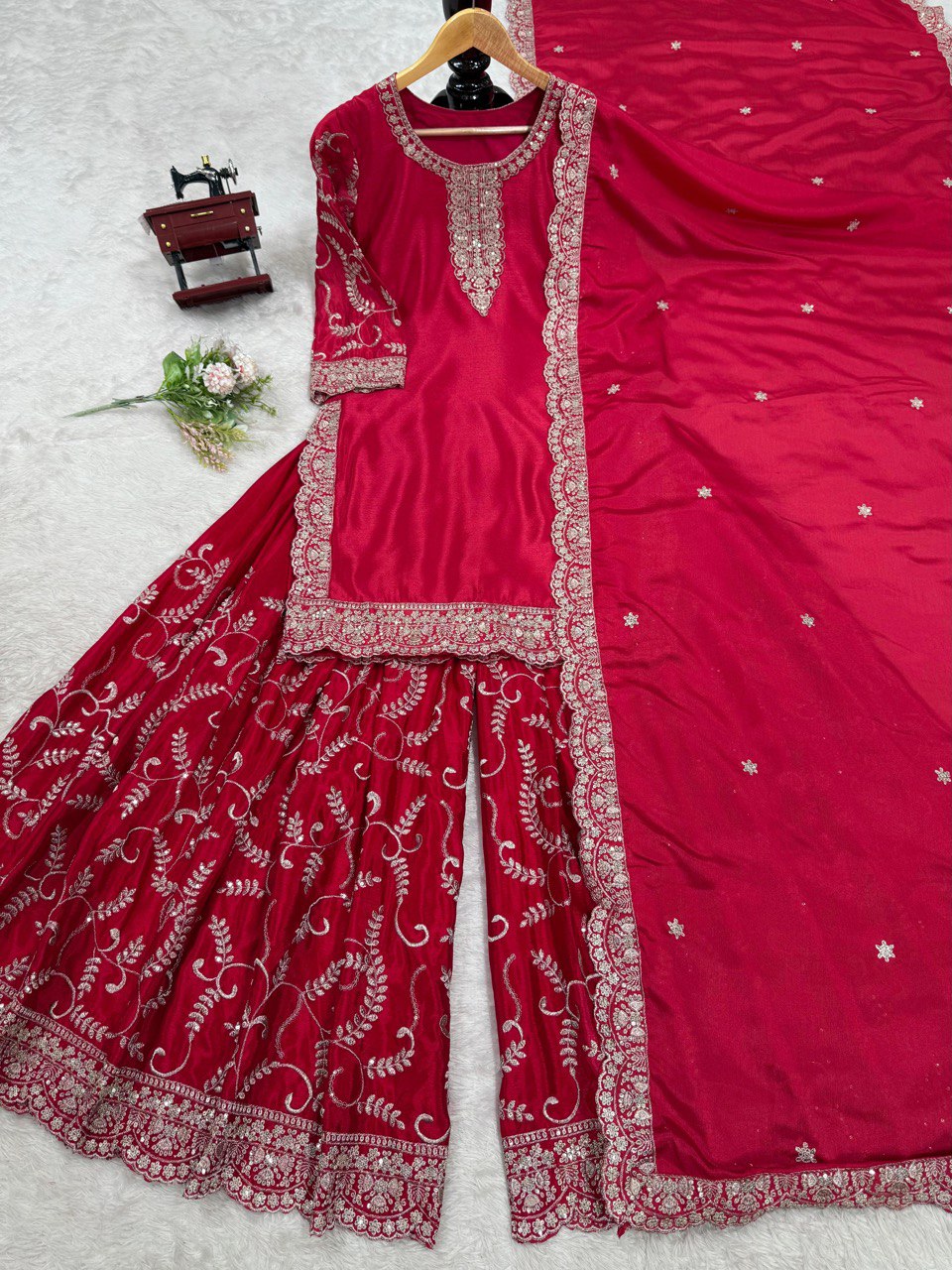 "Elegant Chinon Silk Sequenced Top with Faux Georgette Plazo and Lace Dupatta"