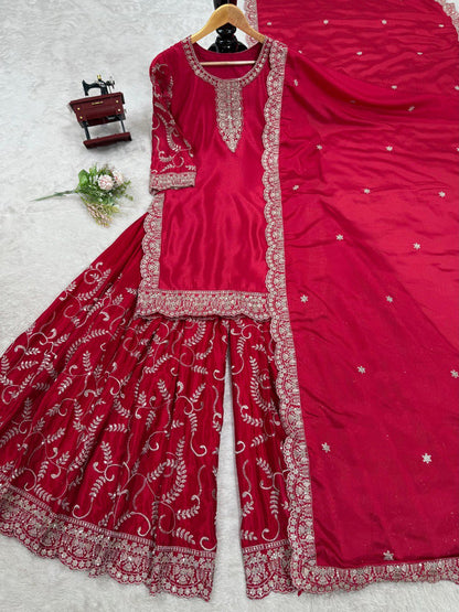 "Elegant Chinon Silk Sequenced Top with Faux Georgette Plazo and Lace Dupatta"