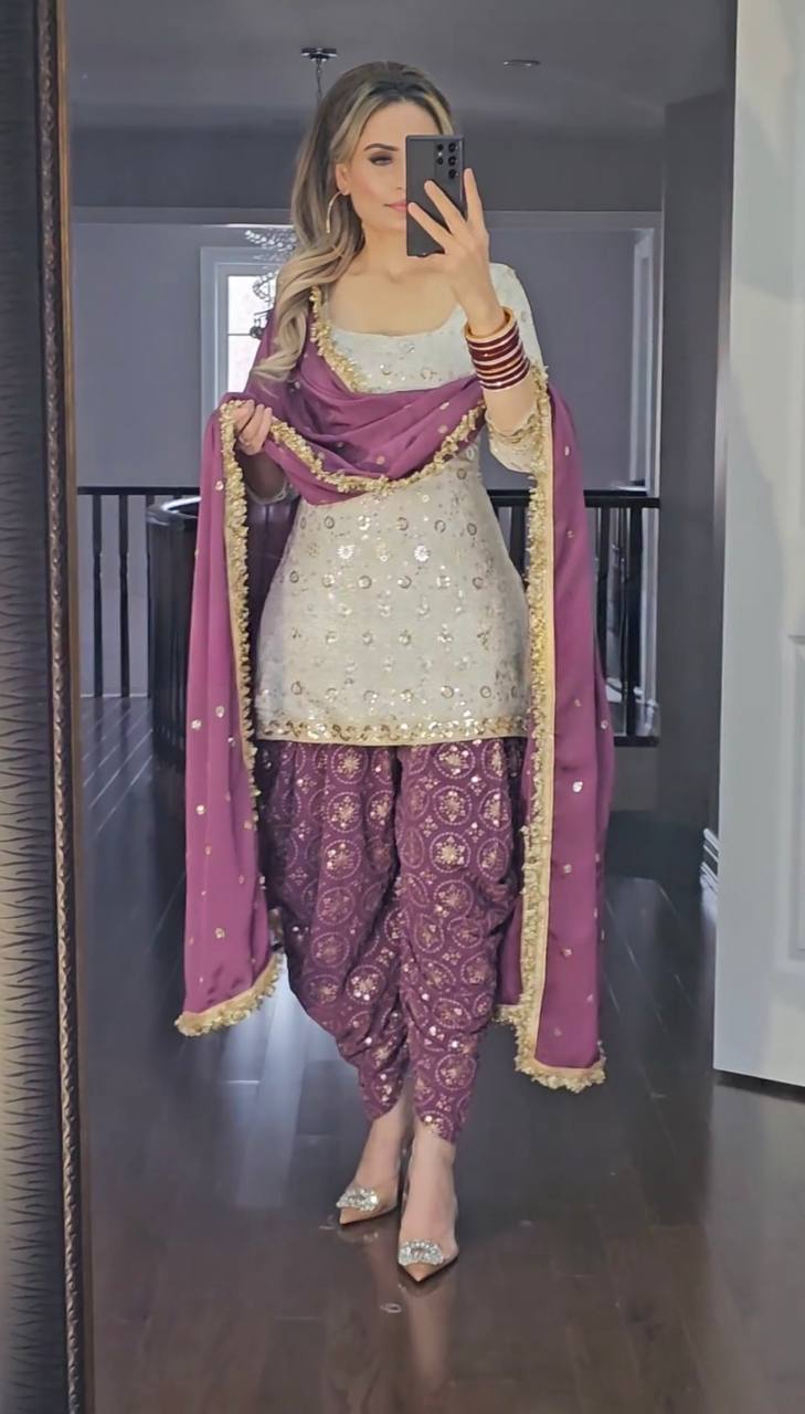 Faux Georgette Kurta Dhoti with Dupatta