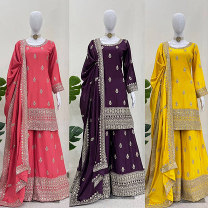 Pure Chinon Silk Kurta Palazzo with Dupatta