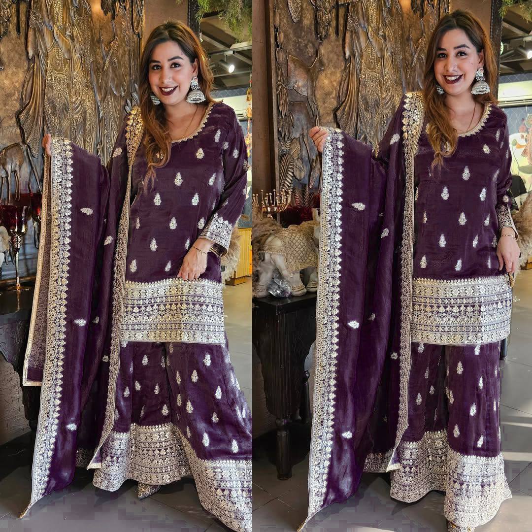 Pure Chinon Silk Kurta Palazzo with Dupatta
