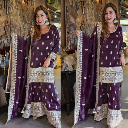 Pure Chinon Silk Kurta Palazzo with Dupatta