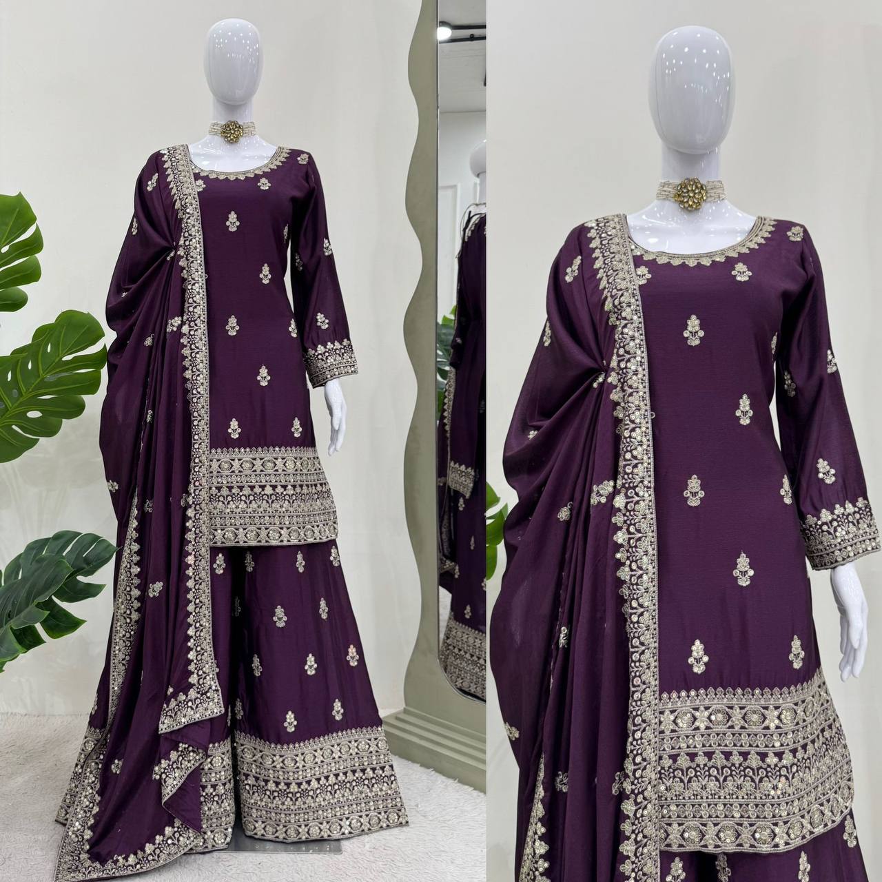 Pure Chinon Silk Kurta Palazzo with Dupatta
