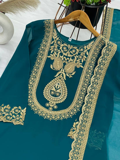 "Elegant Faux Georgette Embroidered Outfit with Plazzo and Dupatta"