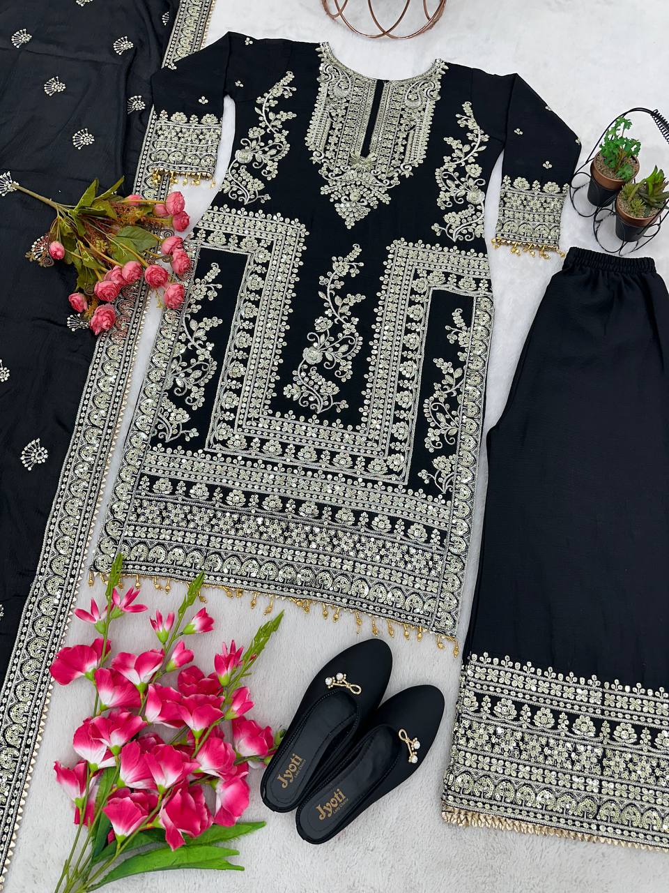 Pure Chinnon Silk Kurta Palazzo with Dupatta