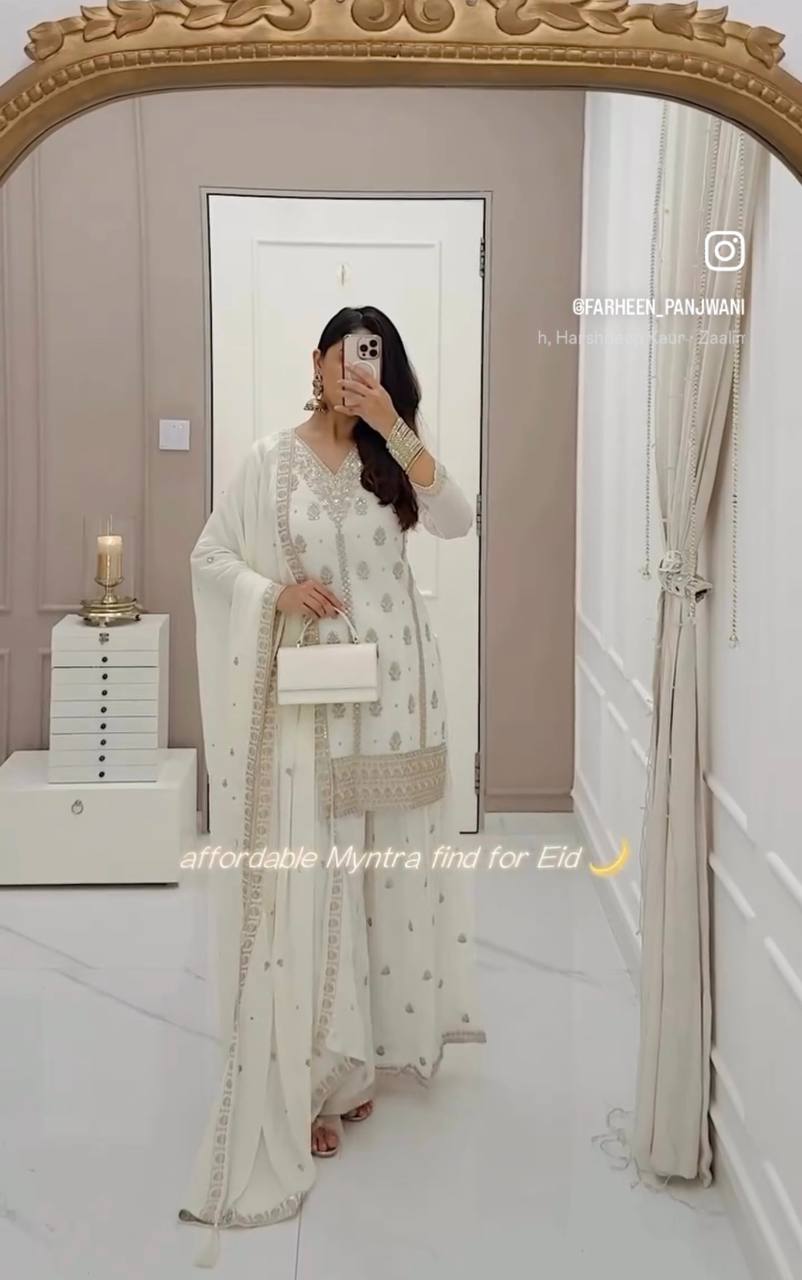 Elegant Embroidered Fox Georgette Set with Sarara & Dupatta