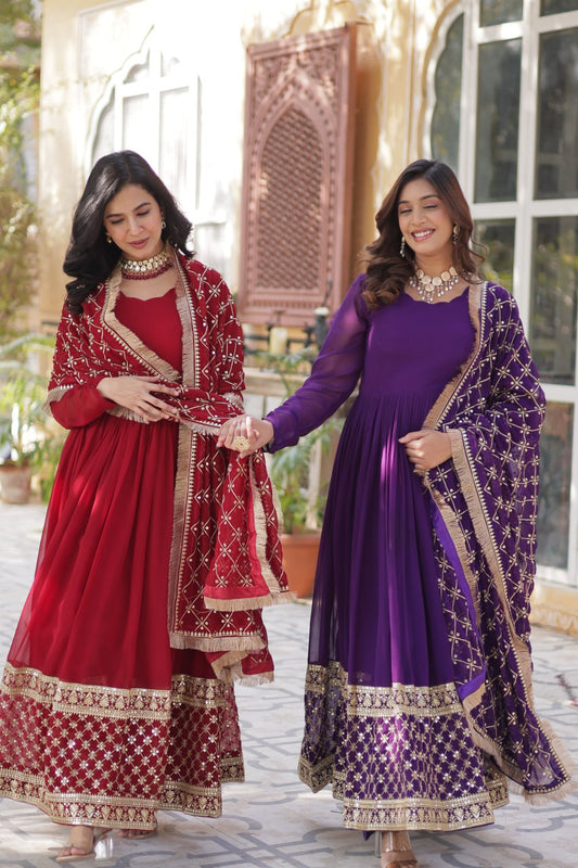 "Elegant Faux Blooming Embroidered Gown with Sequins and Designer Dupatta"