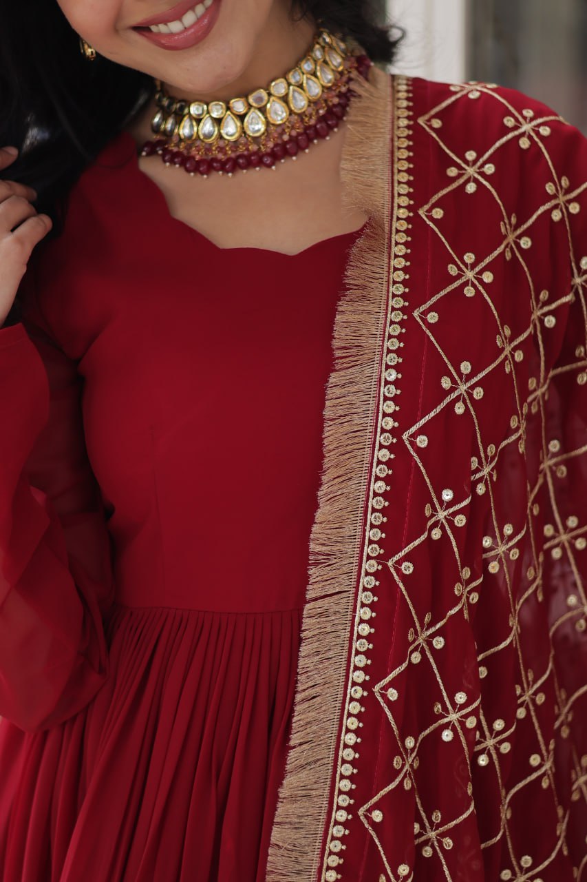 "Elegant Faux Blooming Embroidered Gown with Sequins and Designer Dupatta"