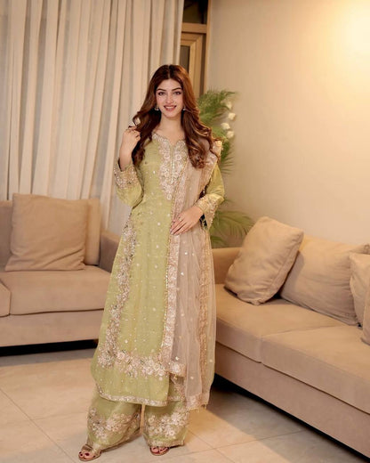 "Elegant Chinon Silk Kurti-Plazzo Set with Sequins & Zari Embroidery"