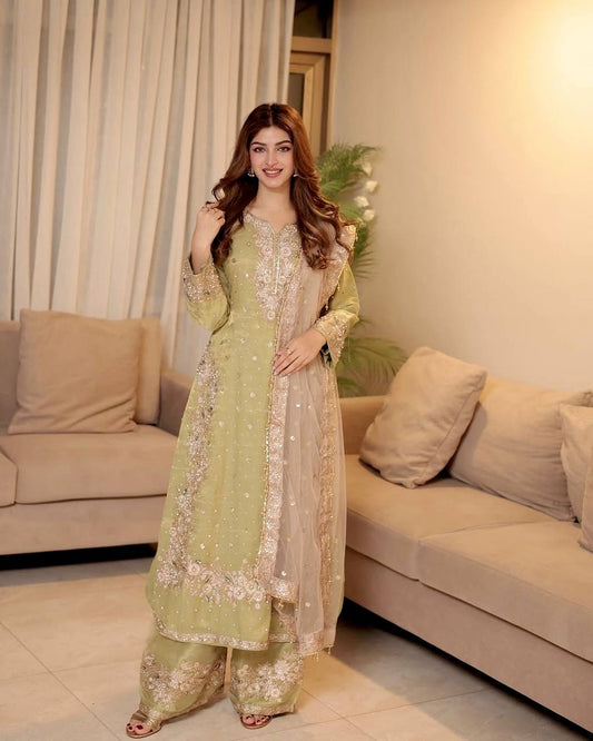 "Elegant Chinon Silk Kurti-Plazzo Set with Sequins & Zari Embroidery"