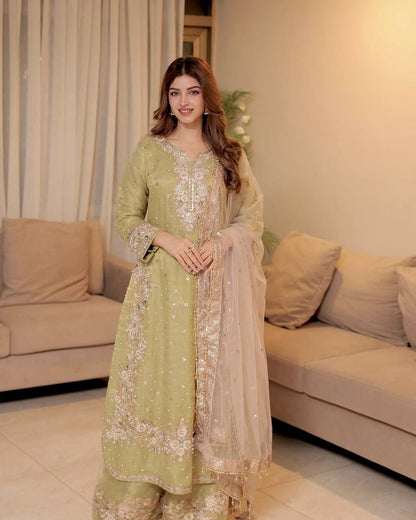 "Elegant Chinon Silk Kurti-Plazzo Set with Sequins & Zari Embroidery"