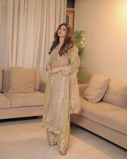 "Elegant Chinon Silk Kurti-Plazzo Set with Sequins & Zari Embroidery"