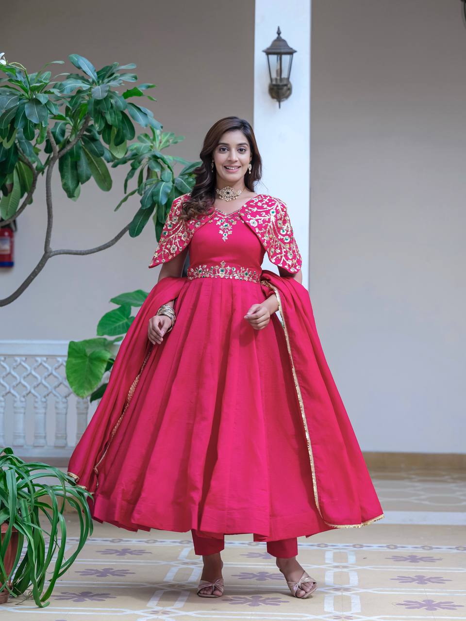 Silk embroidered sequence work gown with dupatta sets