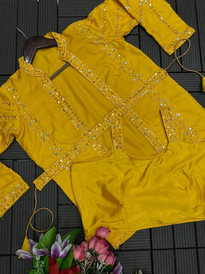 Elegant Heavy Satin Embroidered Saree Set with Jacket & Blouse