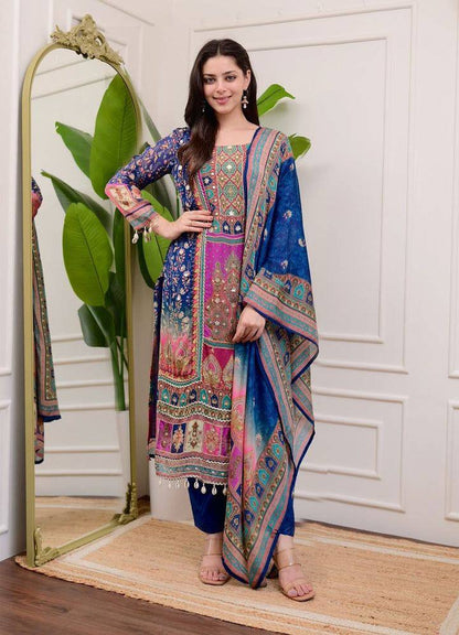 "Elegant Chinon Mirror Work Set with Silk Inner - Top, Pant & Printed Dupatta"