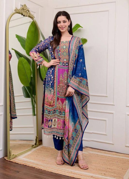 "Elegant Chinon Mirror Work Set with Silk Inner - Top, Pant & Printed Dupatta"