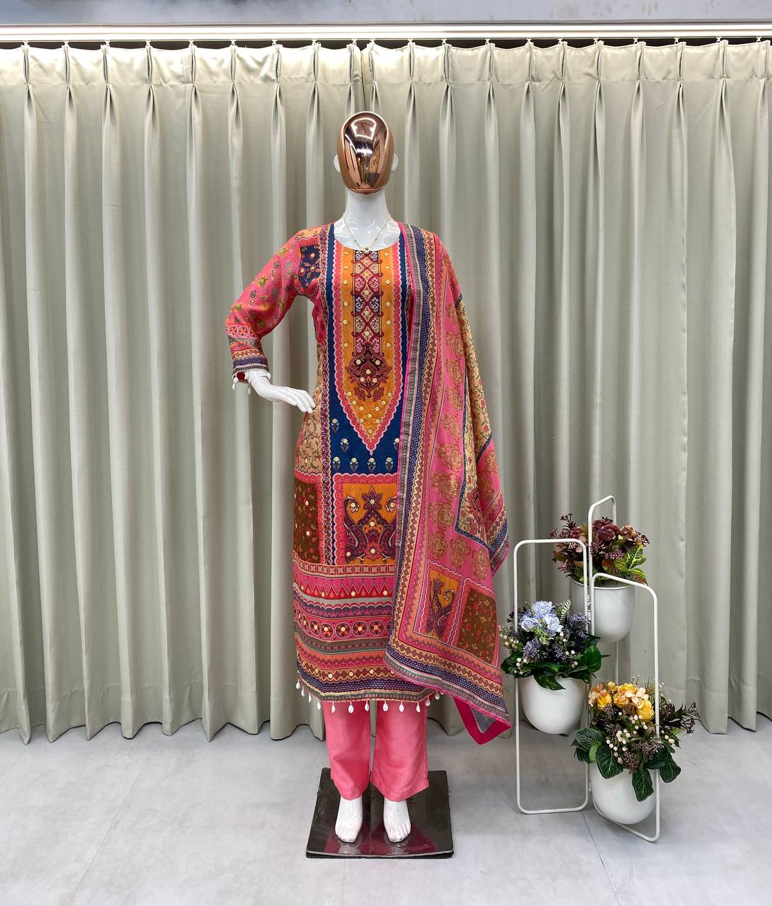 "Elegant Chinon Mirror Work Set with Silk Inner - Top, Pant & Printed Dupatta"