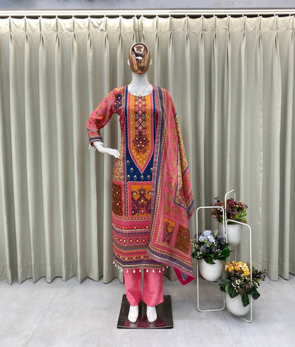 "Elegant Chinon Mirror Work Set with Silk Inner - Top, Pant & Printed Dupatta"